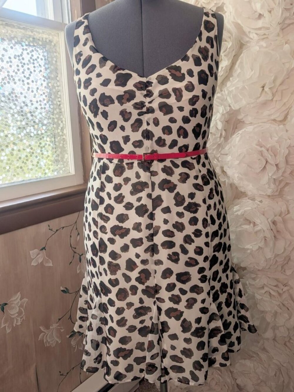 White Leopard Cheetah Print Midi Length Preppy Pin Up Dress